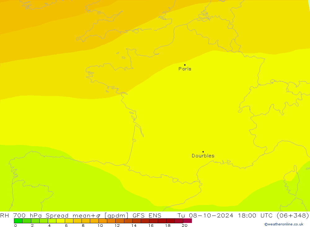 RH 700 hPa Spread GFS ENS Di 08.10.2024 18 UTC