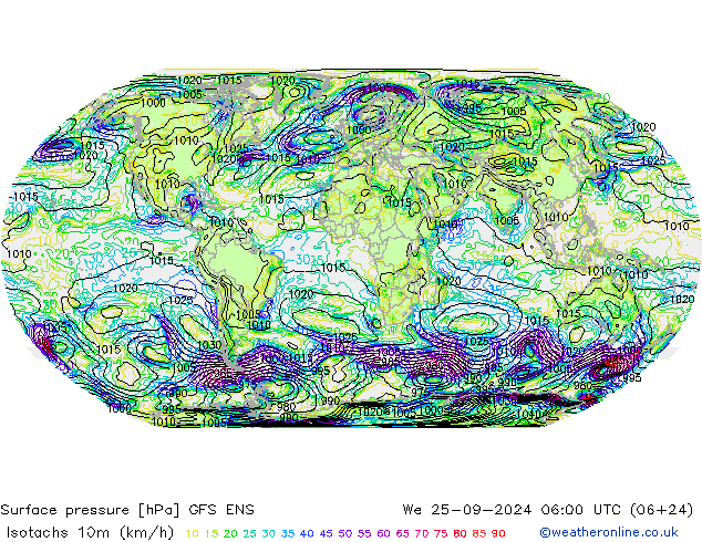 Isotachs (kph) GFS ENS Qua 25.09.2024 06 UTC