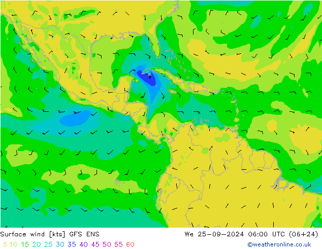 Viento 10 m GFS ENS mié 25.09.2024 06 UTC