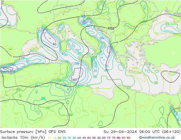 Isotachs (kph) GFS ENS Su 29.09.2024 06 UTC