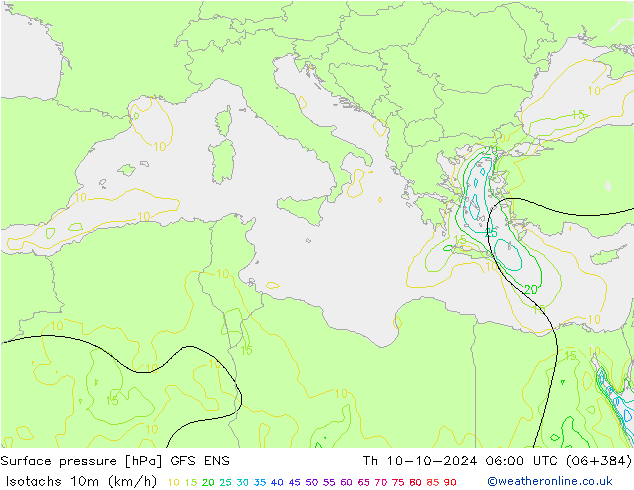 Isotaca (kph) GFS ENS jue 10.10.2024 06 UTC