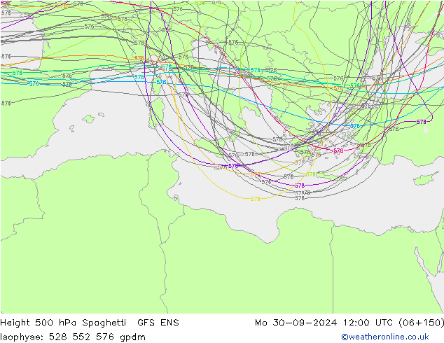 Height 500 hPa Spaghetti GFS ENS Seg 30.09.2024 12 UTC