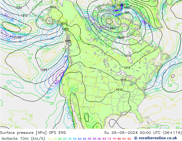 Izotacha (km/godz) GFS ENS nie. 29.09.2024 00 UTC