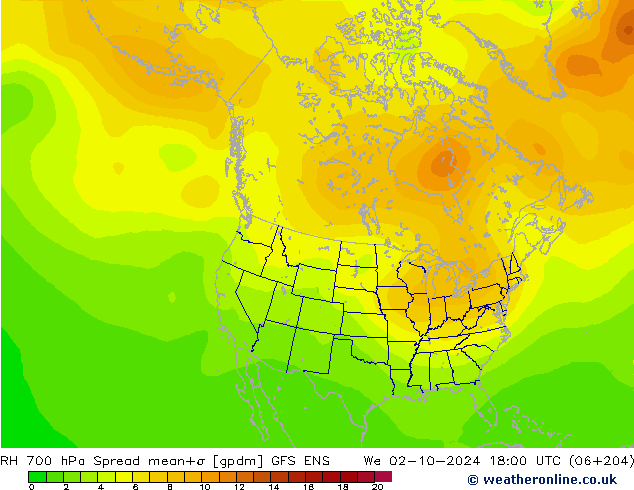 RH 700 hPa Spread GFS ENS We 02.10.2024 18 UTC