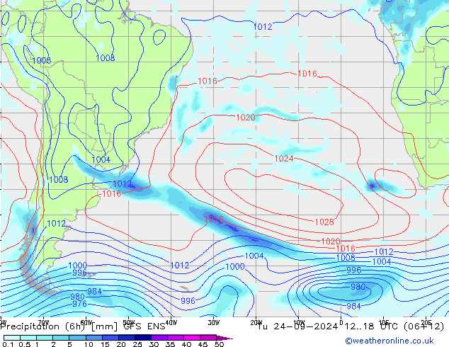 Precipitation (6h) GFS ENS Út 24.09.2024 18 UTC