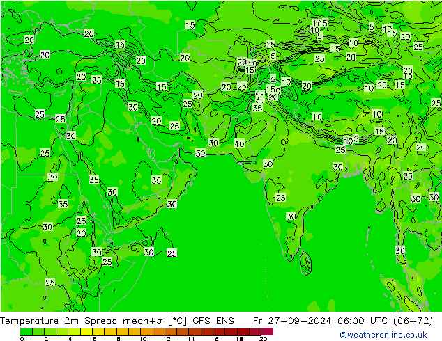 Temperatura 2m Spread GFS ENS ven 27.09.2024 06 UTC