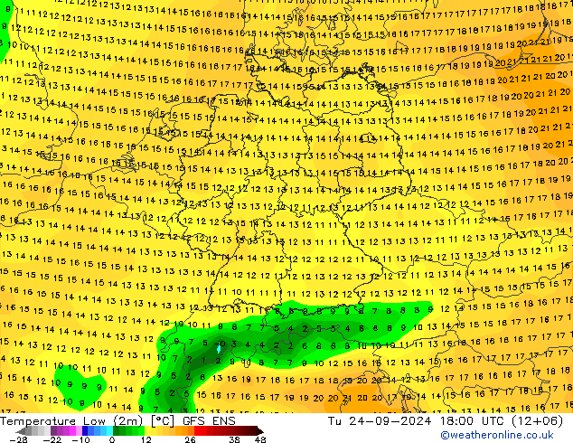 Nejnižší teplota (2m) GFS ENS Út 24.09.2024 18 UTC