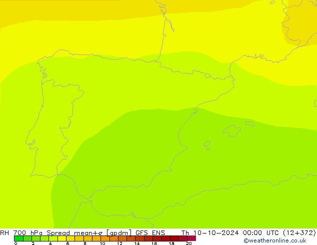 Humedad rel. 700hPa Spread GFS ENS jue 10.10.2024 00 UTC