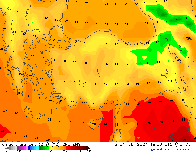 Nejnižší teplota (2m) GFS ENS Út 24.09.2024 18 UTC