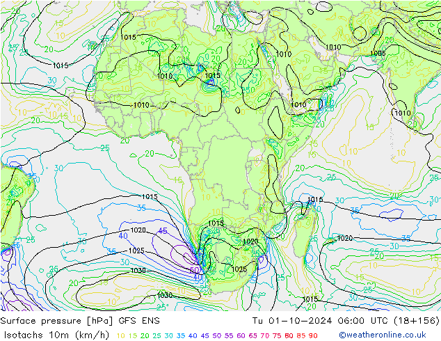 Isotachs (kph) GFS ENS Tu 01.10.2024 06 UTC