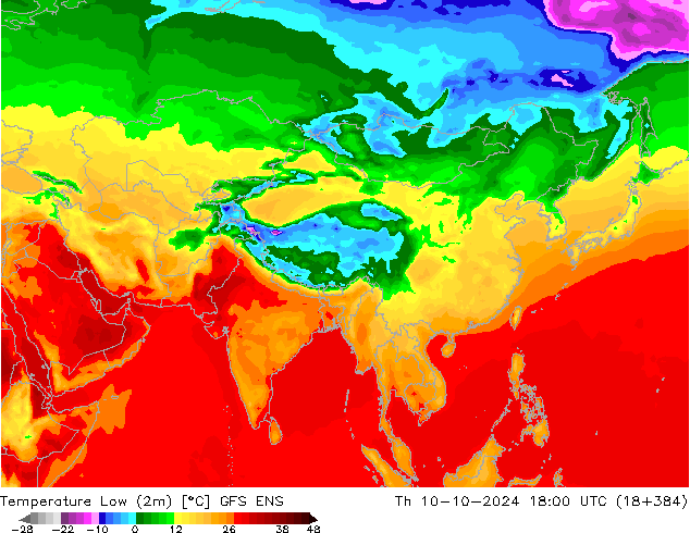 Temperature Low (2m) GFS ENS Th 10.10.2024 18 UTC