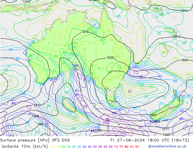 Isotachs (kph) GFS ENS Fr 27.09.2024 18 UTC