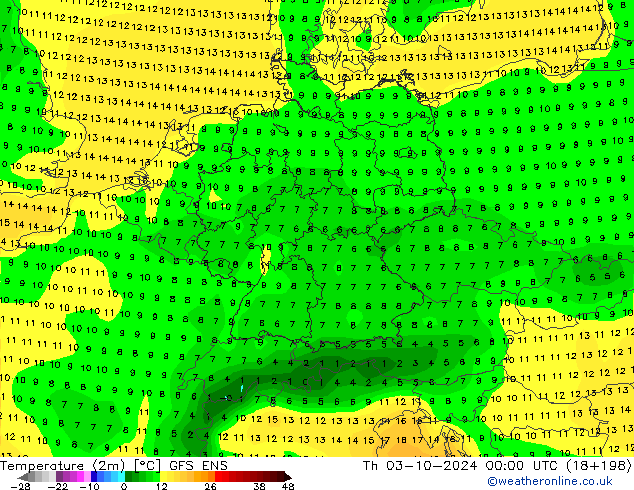 Temperatura (2m) GFS ENS gio 03.10.2024 00 UTC