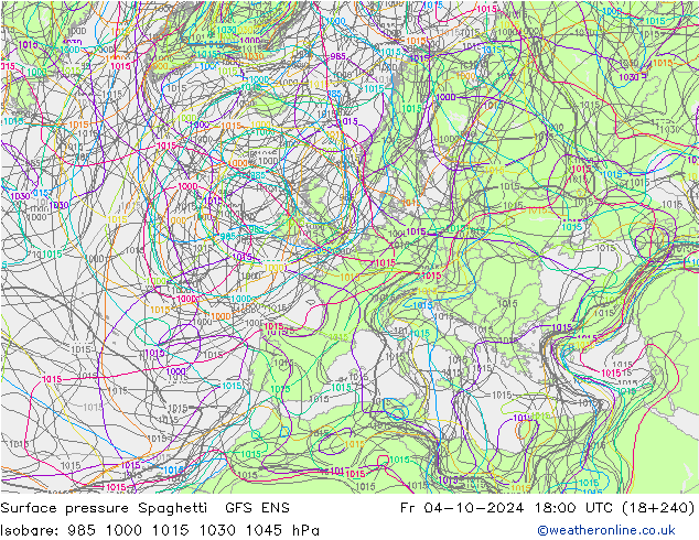 Luchtdruk op zeeniveau Spaghetti GFS ENS vr 04.10.2024 18 UTC