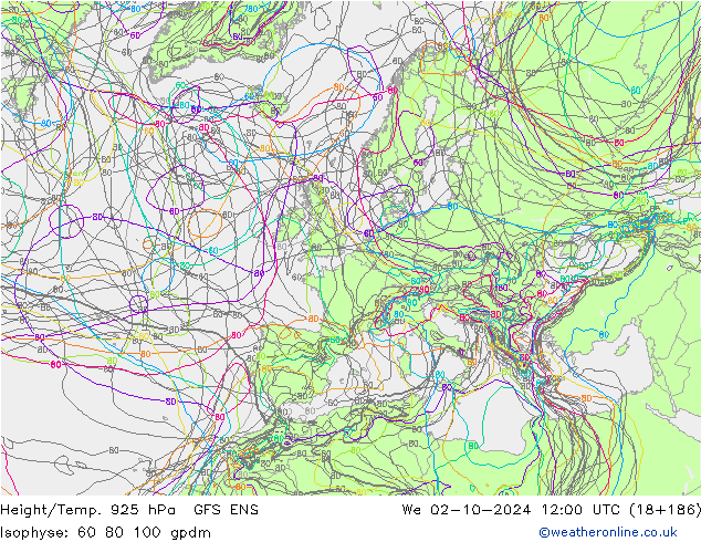 Height/Temp. 925 hPa GFS ENS We 02.10.2024 12 UTC