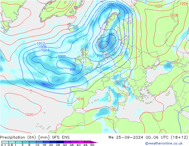 Totale neerslag (6h) GFS ENS wo 25.09.2024 06 UTC