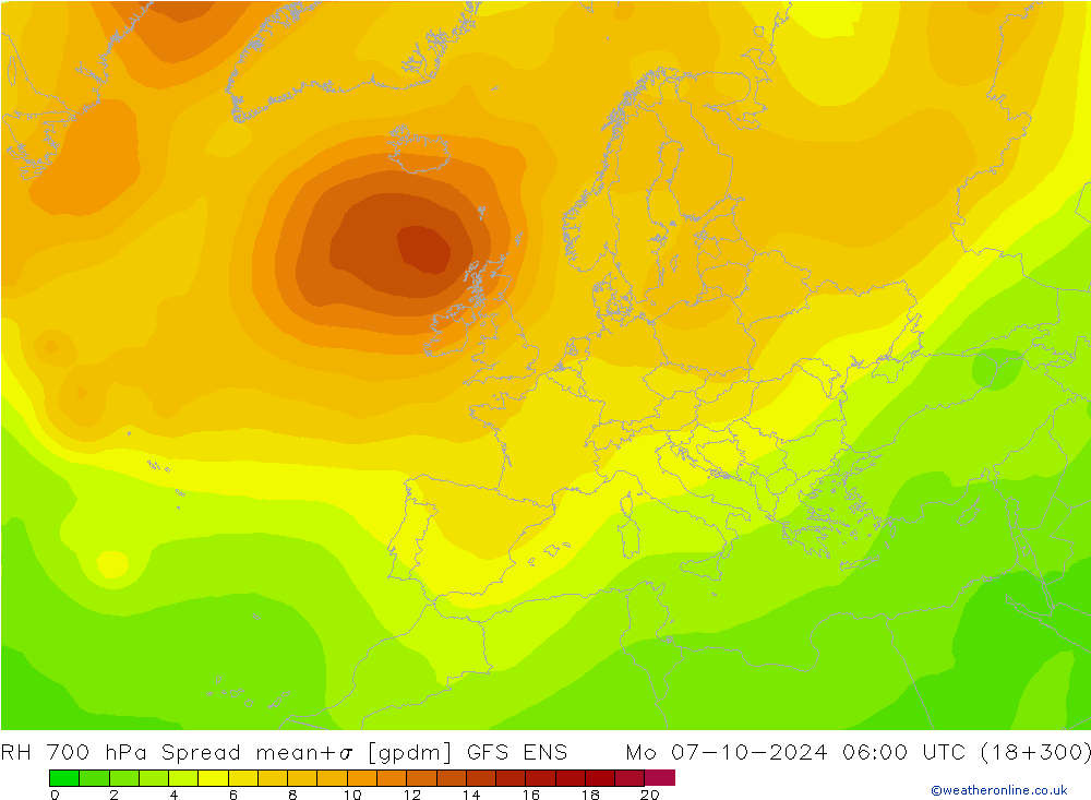 RH 700 hPa Spread GFS ENS pon. 07.10.2024 06 UTC