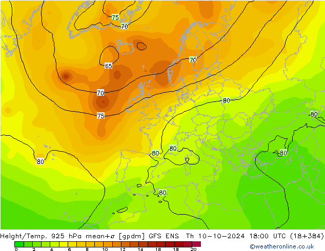 Height/Temp. 925 hPa GFS ENS Th 10.10.2024 18 UTC