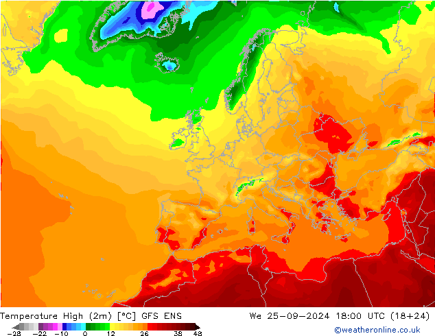 Темпер. макс 2т GFS ENS ср 25.09.2024 18 UTC