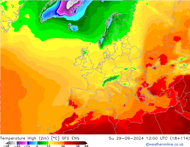 température 2m max GFS ENS dim 29.09.2024 12 UTC