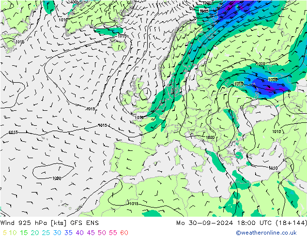 Viento 925 hPa GFS ENS lun 30.09.2024 18 UTC