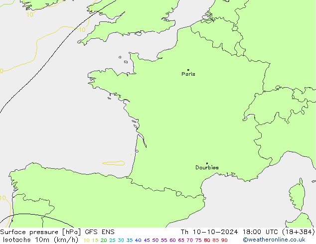 Isotachs (kph) GFS ENS Qui 10.10.2024 18 UTC