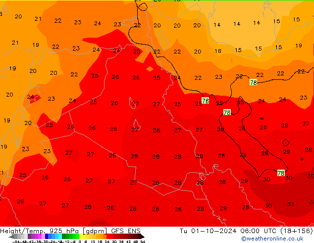 Hoogte/Temp. 925 hPa GFS ENS di 01.10.2024 06 UTC