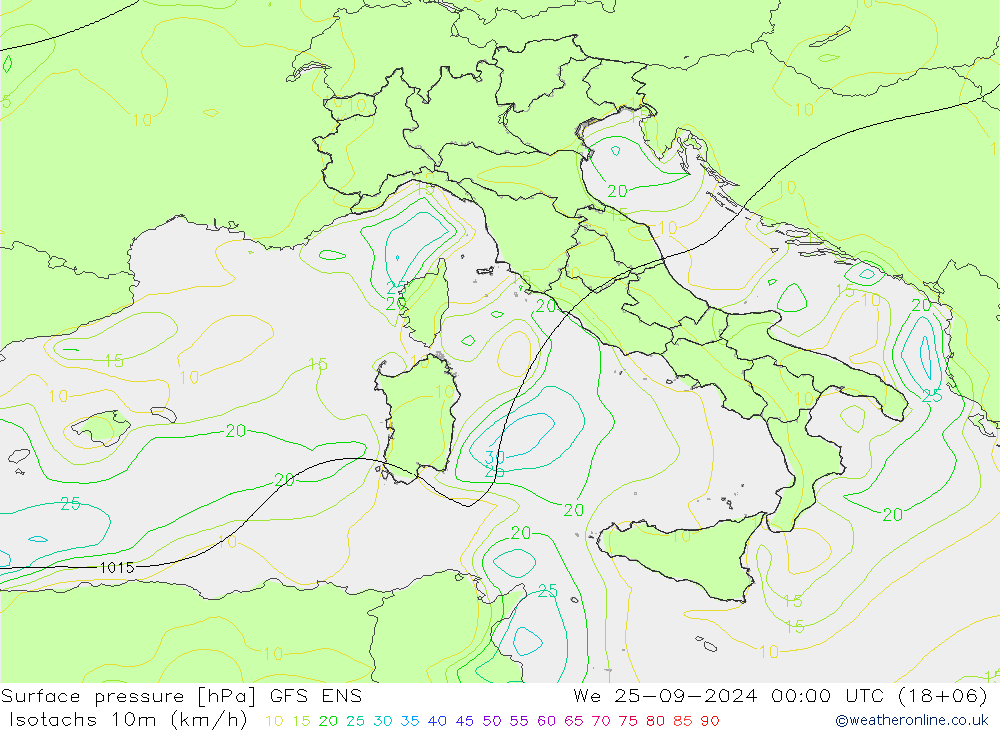 Isotachs (kph) GFS ENS We 25.09.2024 00 UTC