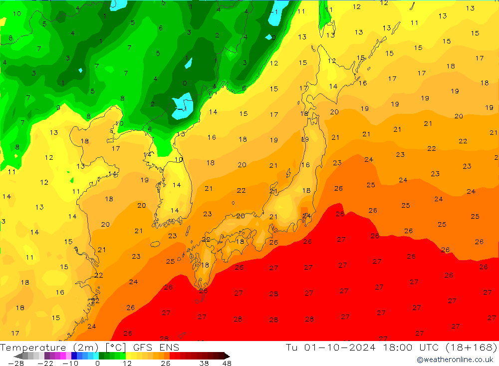 Sıcaklık Haritası (2m) GFS ENS Sa 01.10.2024 18 UTC