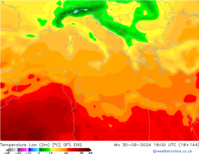 Temperature Low (2m) GFS ENS Mo 30.09.2024 18 UTC