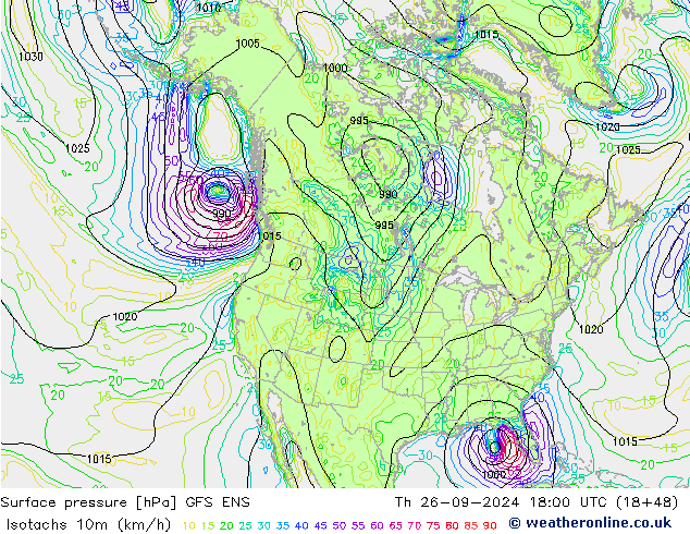 Isotachen (km/h) GFS ENS do 26.09.2024 18 UTC