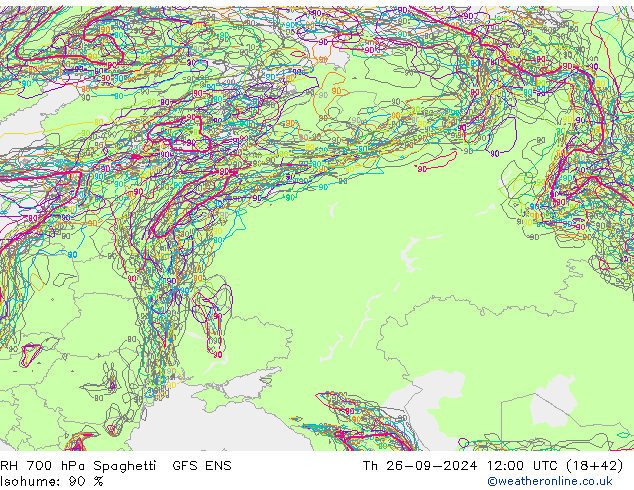 Humidité rel. 700 hPa Spaghetti GFS ENS jeu 26.09.2024 12 UTC