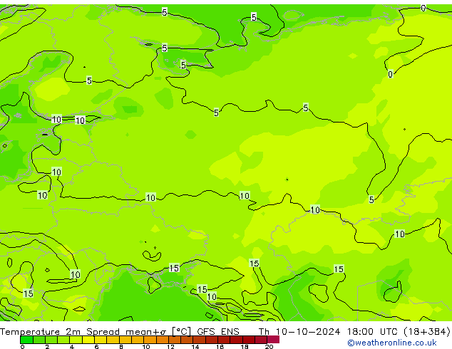 Temperature 2m Spread GFS ENS Th 10.10.2024 18 UTC