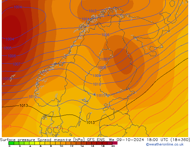 Atmosférický tlak Spread GFS ENS St 09.10.2024 18 UTC