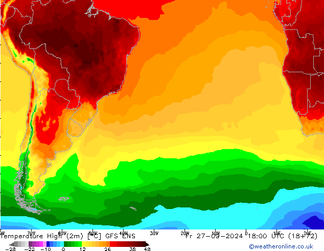 Max. Temperatura (2m) GFS ENS pt. 27.09.2024 18 UTC