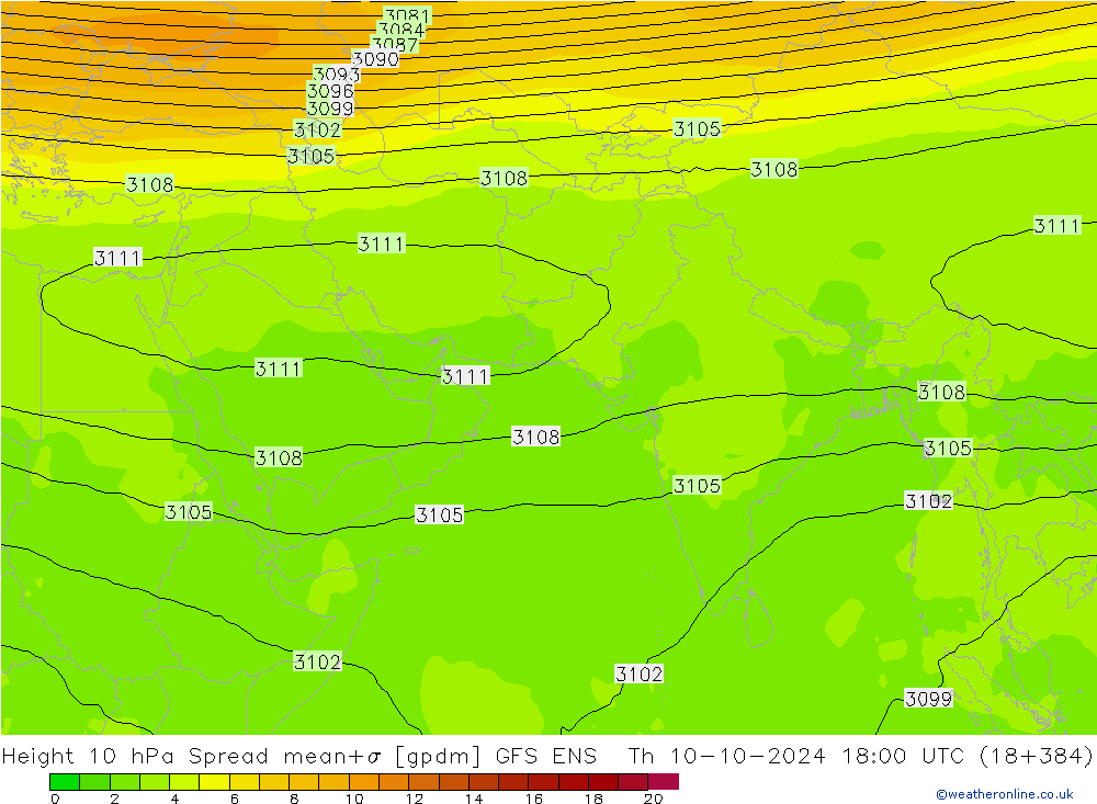 Height 10 hPa Spread GFS ENS Th 10.10.2024 18 UTC