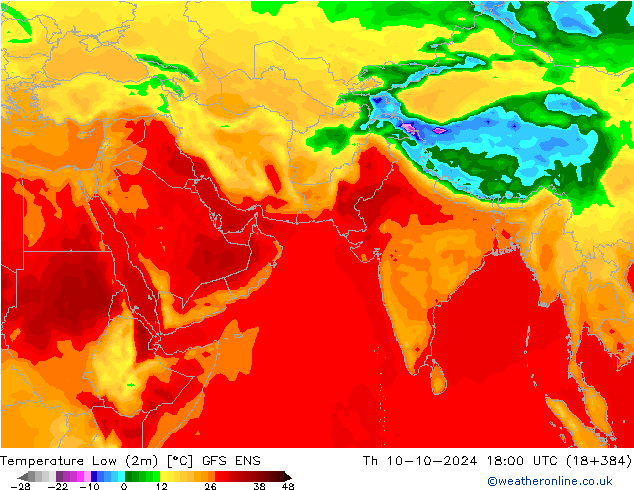 Temperatura mín. (2m) GFS ENS jue 10.10.2024 18 UTC