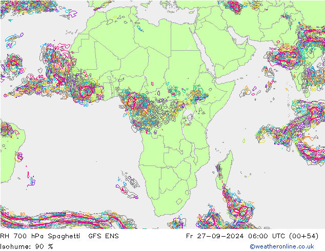 RH 700 hPa Spaghetti GFS ENS Fr 27.09.2024 06 UTC