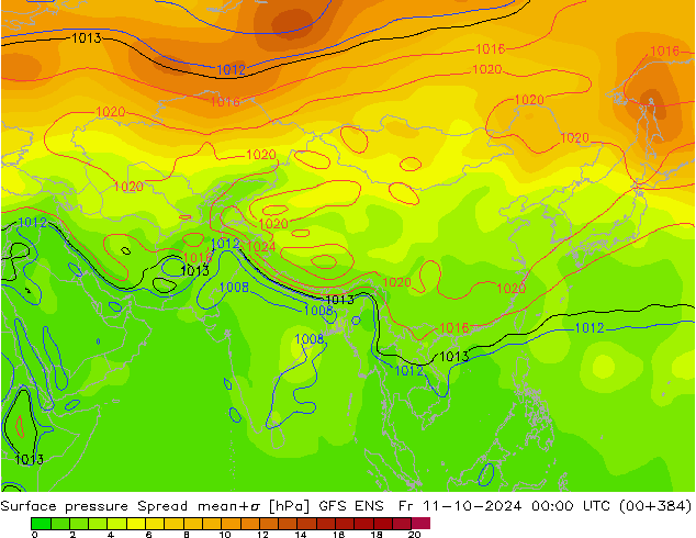 Luchtdruk op zeeniveau Spread GFS ENS vr 11.10.2024 00 UTC