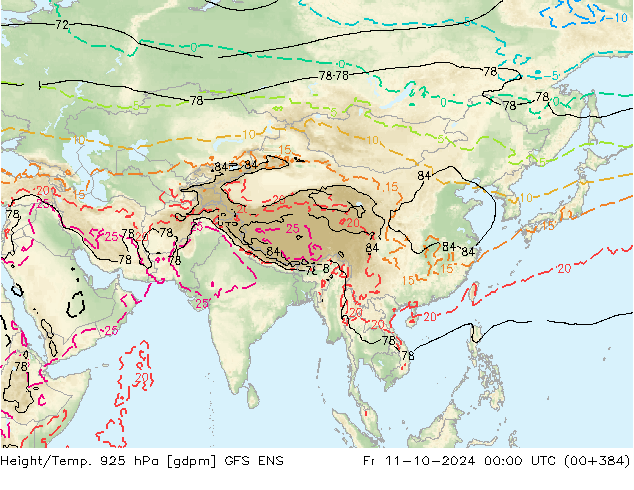 Hoogte/Temp. 925 hPa GFS ENS vr 11.10.2024 00 UTC