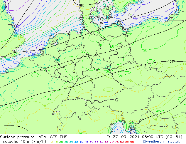 Izotacha (km/godz) GFS ENS pt. 27.09.2024 06 UTC