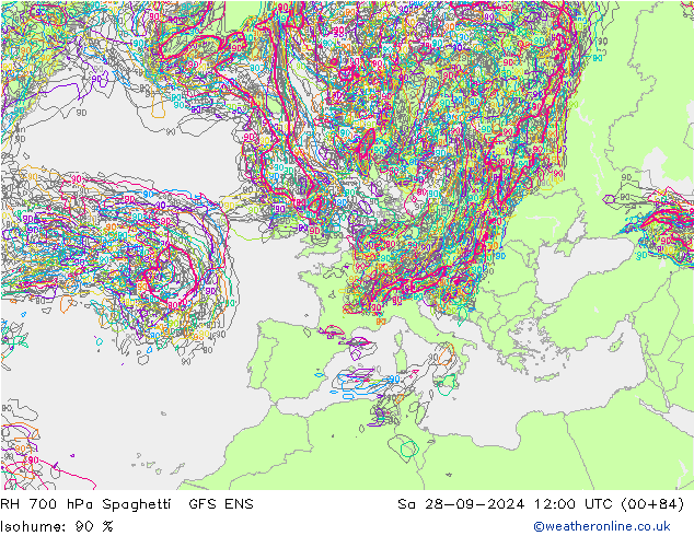 RH 700 hPa Spaghetti GFS ENS So 28.09.2024 12 UTC