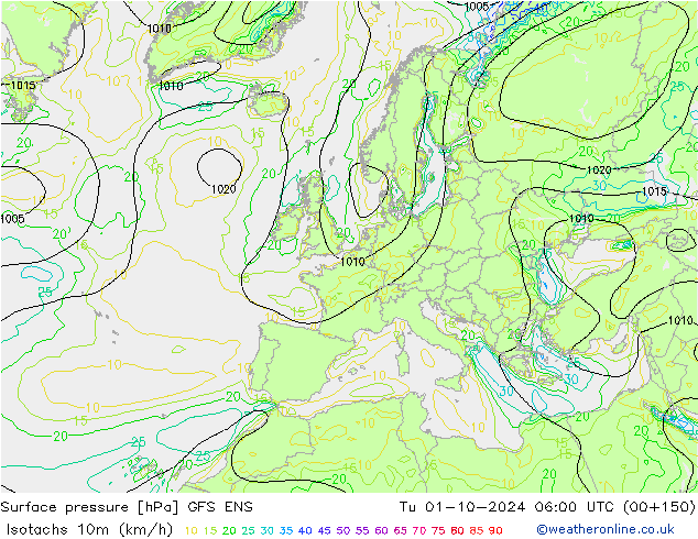 Isotachs (kph) GFS ENS Tu 01.10.2024 06 UTC