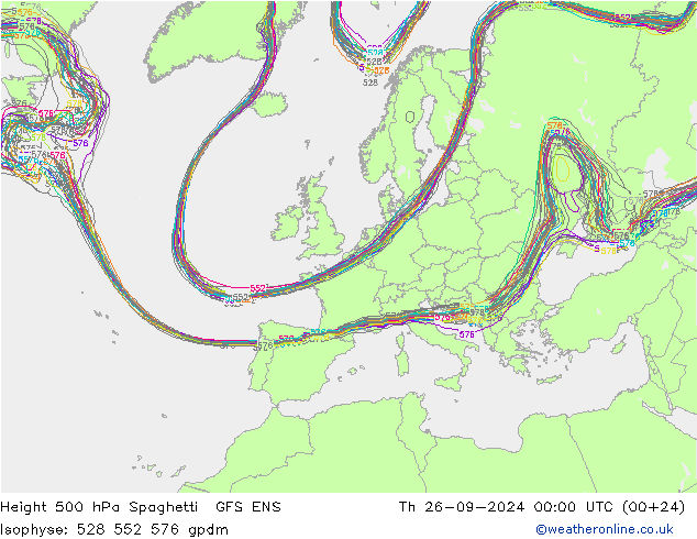 Height 500 hPa Spaghetti GFS ENS Čt 26.09.2024 00 UTC