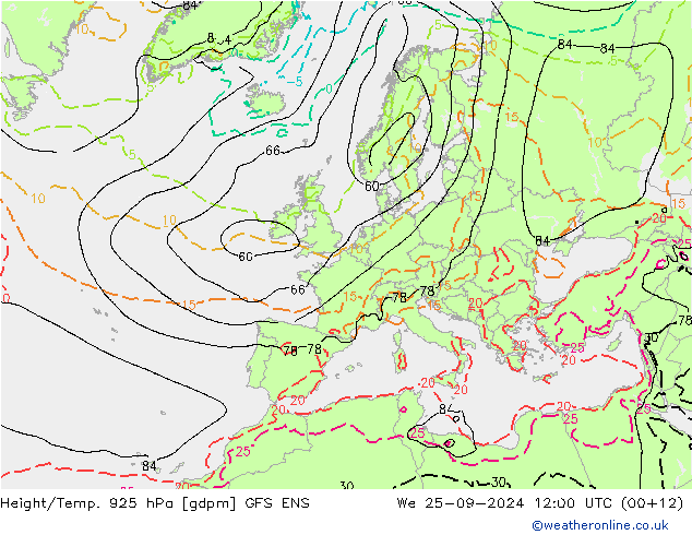 Height/Temp. 925 hPa GFS ENS St 25.09.2024 12 UTC