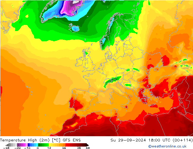 Temperature High (2m) GFS ENS Su 29.09.2024 18 UTC