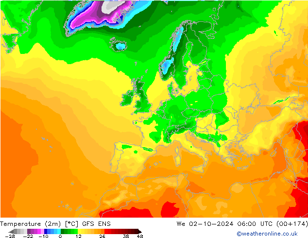 Temperatuurkaart (2m) GFS ENS wo 02.10.2024 06 UTC