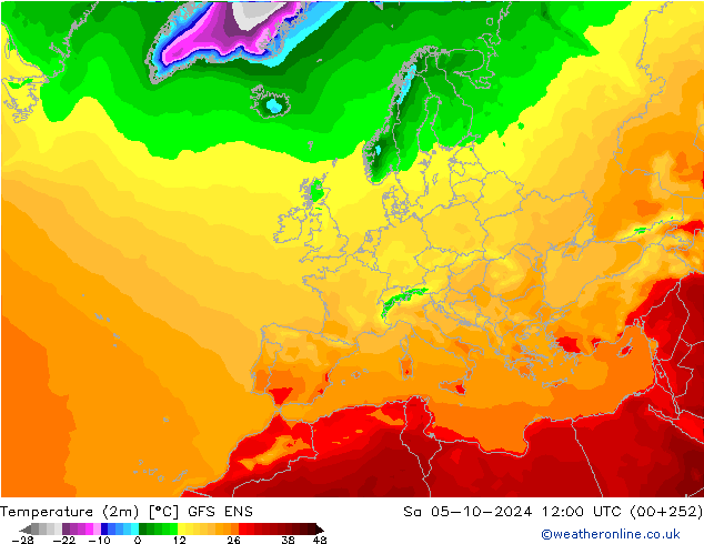 mapa temperatury (2m) GFS ENS so. 05.10.2024 12 UTC