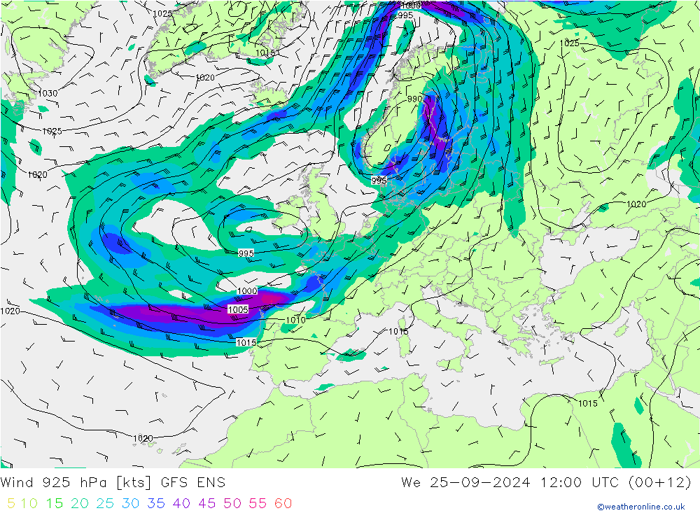 Wind 925 hPa GFS ENS wo 25.09.2024 12 UTC