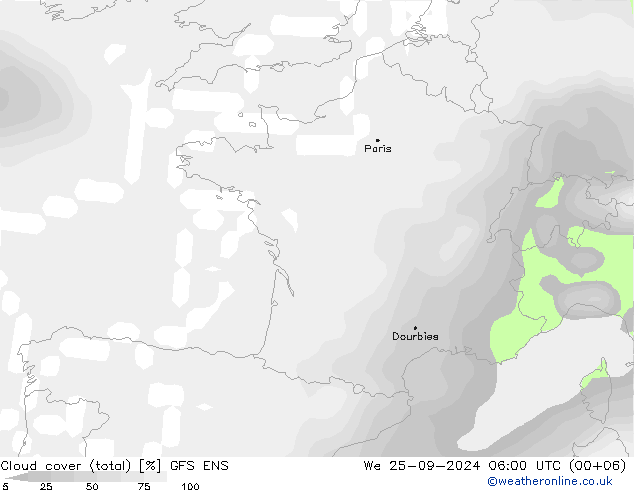 Nuages (total) GFS ENS mer 25.09.2024 06 UTC